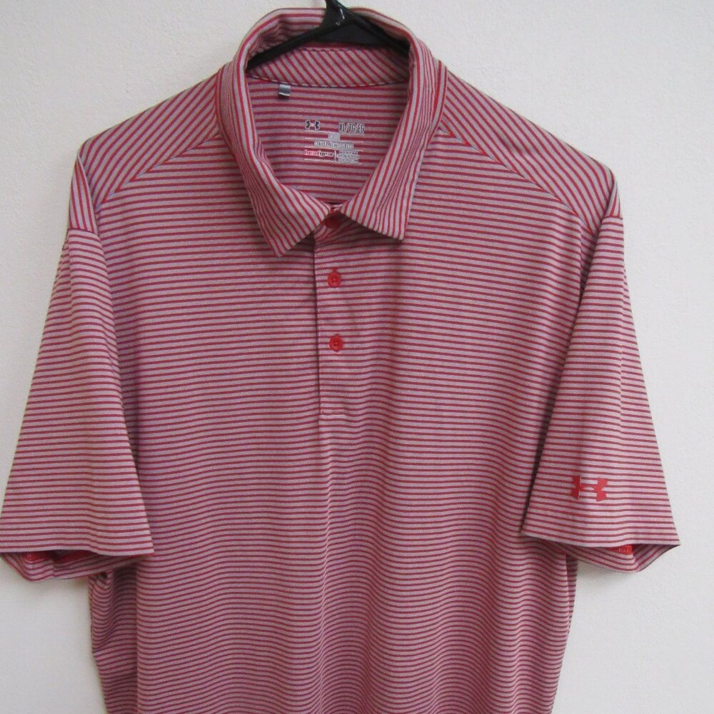 Under Armour Performance Heatgear Loose Red/Gray Striped Golf Polo Shirt XL